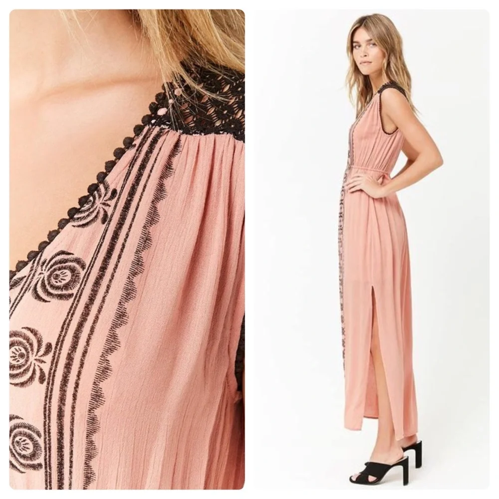 NWT Grayson Boho Pink Black Lace Shoulder Detail Maxi Dress Small - Picture 3 of 14